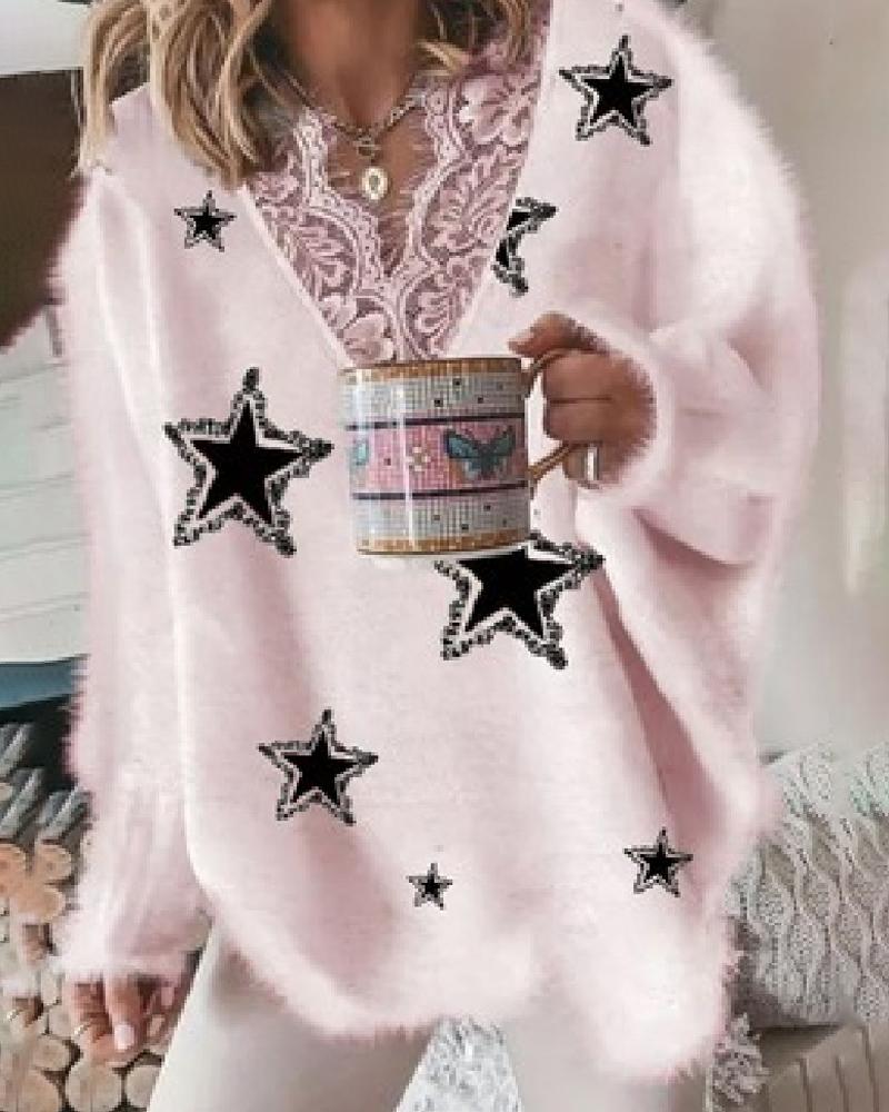 

Eyelash Crochet Lace Patch Star Print Sequin Sweater, Pink