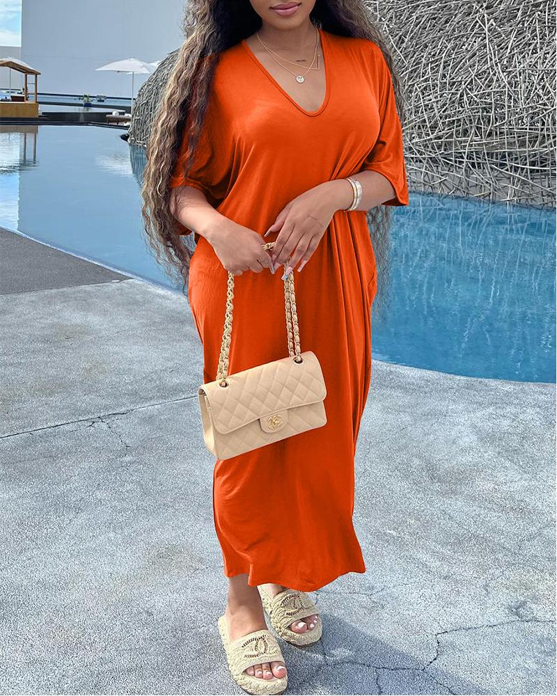 

Half Sleeve V-Neck Maxi Casual Dress, Orange