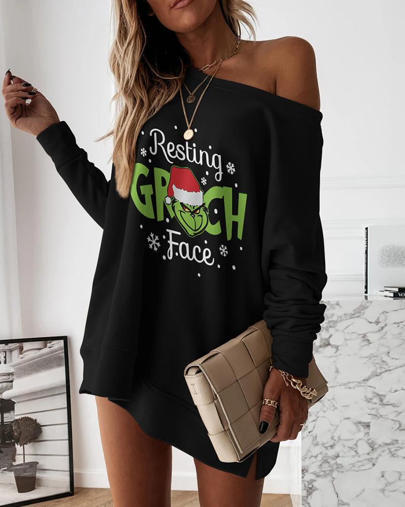 

Christmas Cartoon Letter Print Sweatshirt Dress, Black