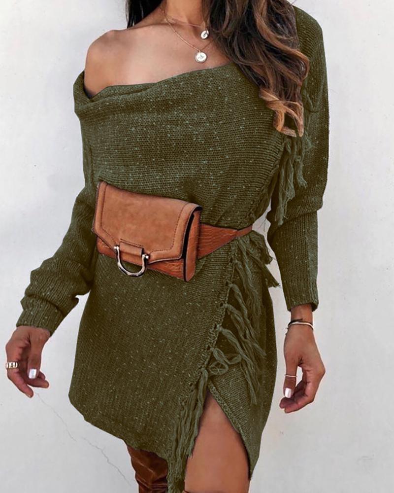 

Solid One Shoulder Tassel Design Sweater Coat, Green