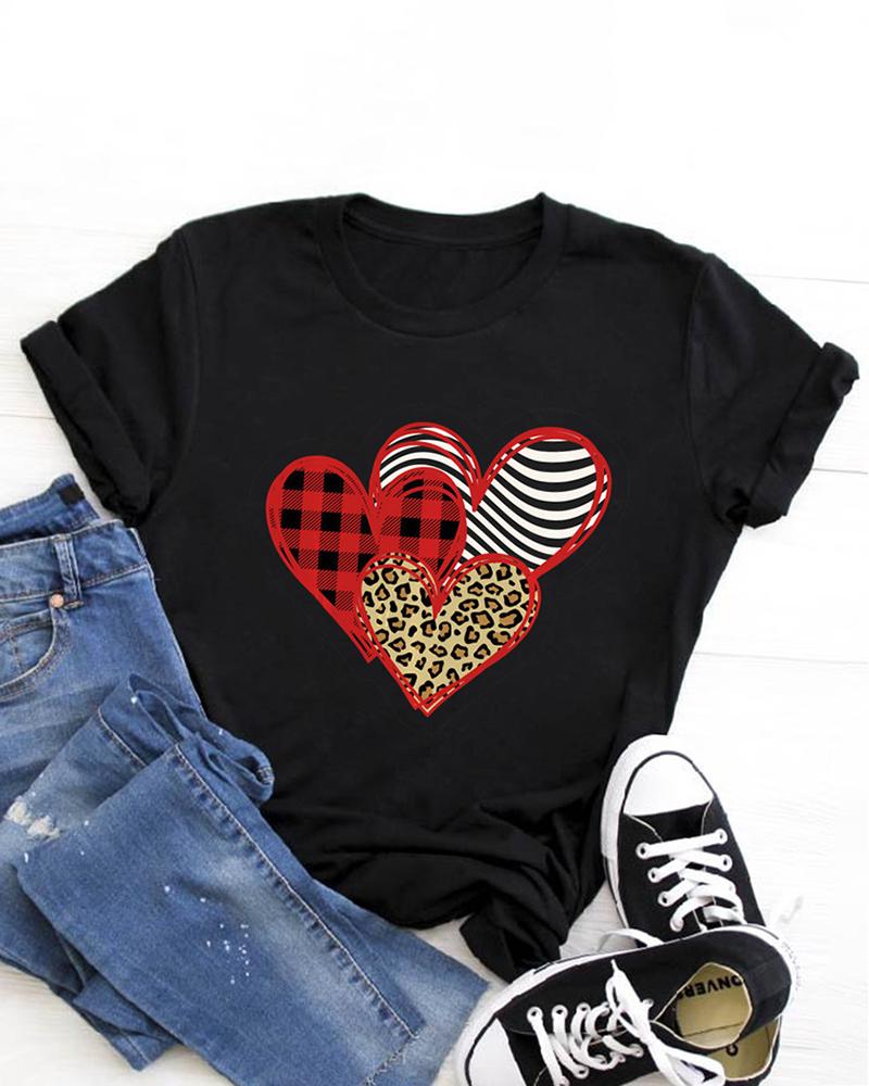 

Valentine's Day O-Neck Cheetah Heart Letter Print T-shirt, Style3