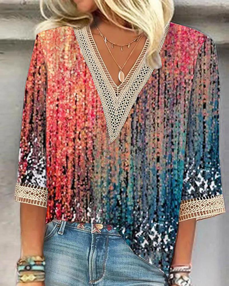 

Abstract Print Lace Patch V-Neck Top, Multicolor