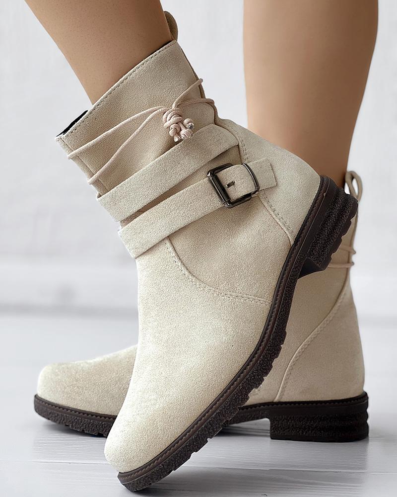 

Tied Detail Side Zipper Buckled Ankle Boots, Apricot