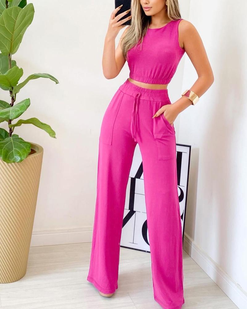 

Conjunto de top cropped sem mangas e calça reta com cordão, Hot pink