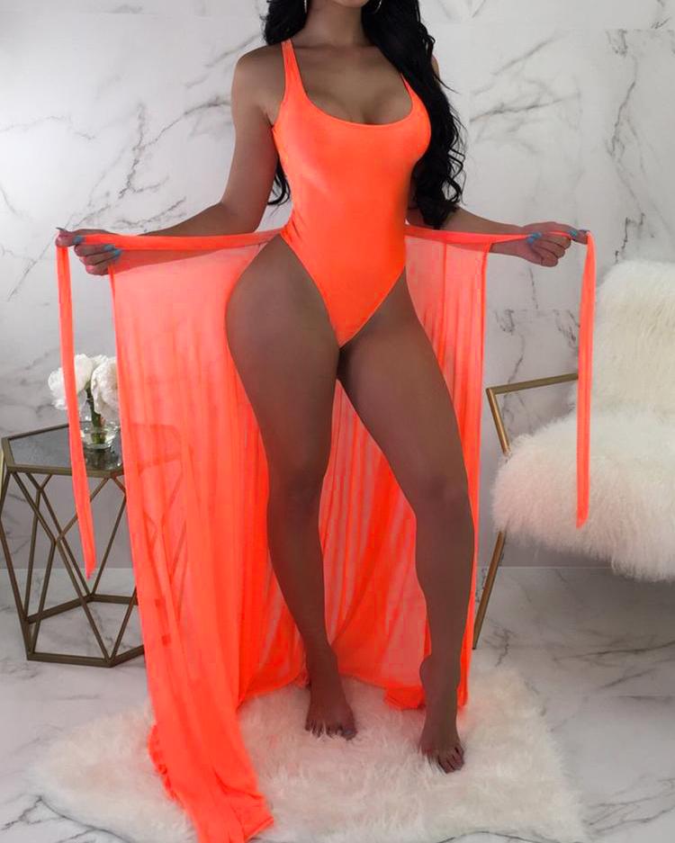 

U-Neck One Piece Swimsuit With Sheer Mesh Cover Up, Orange