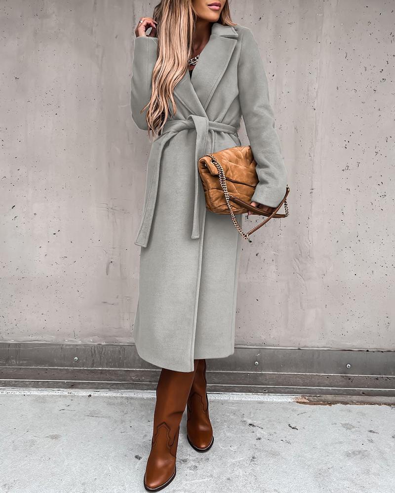 

Notched Collar Slit Overcoat With Belt, Gray