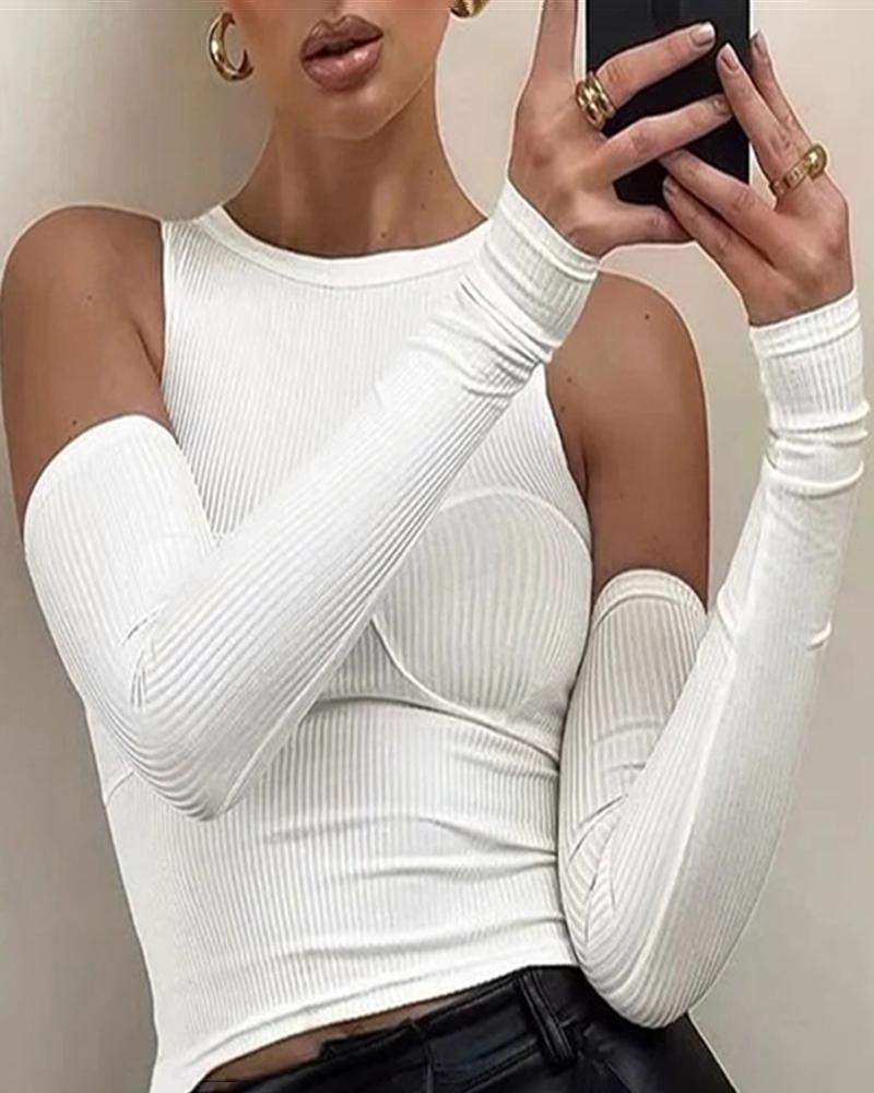 

O Neck Sleeveless Skinny Top With Gloves, White