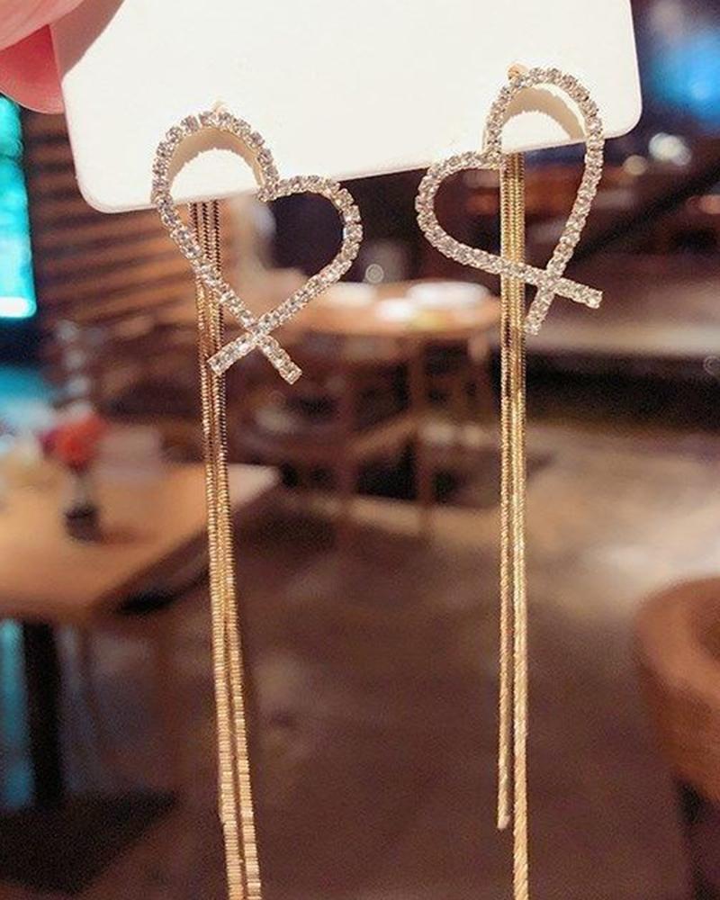 

1Pair Rhinestone Hollow Out Heart Tassel Dangle Earrings, Gold