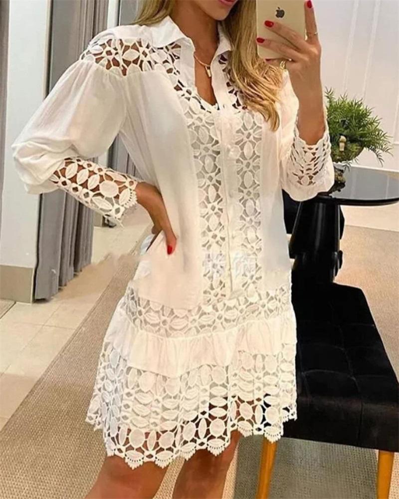 

Guipure Lace Patch Shirt Dress With Cami Dress, White