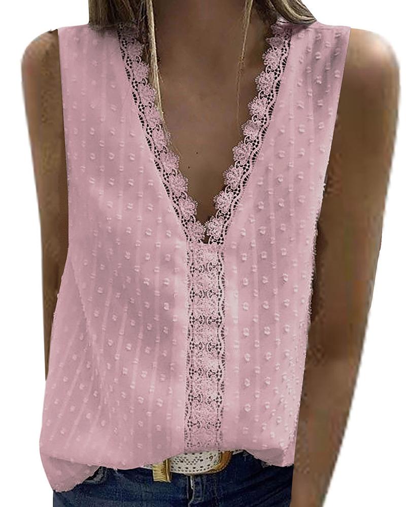 

Swiss Dot Lace Patch Tank Top, Pink