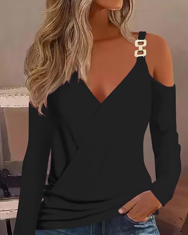 

Cold Shoulder Chain Decor Long Sleeve Top, Black