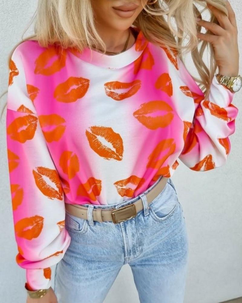 

Lip Print Ombre Long Sleeve Top, Pink