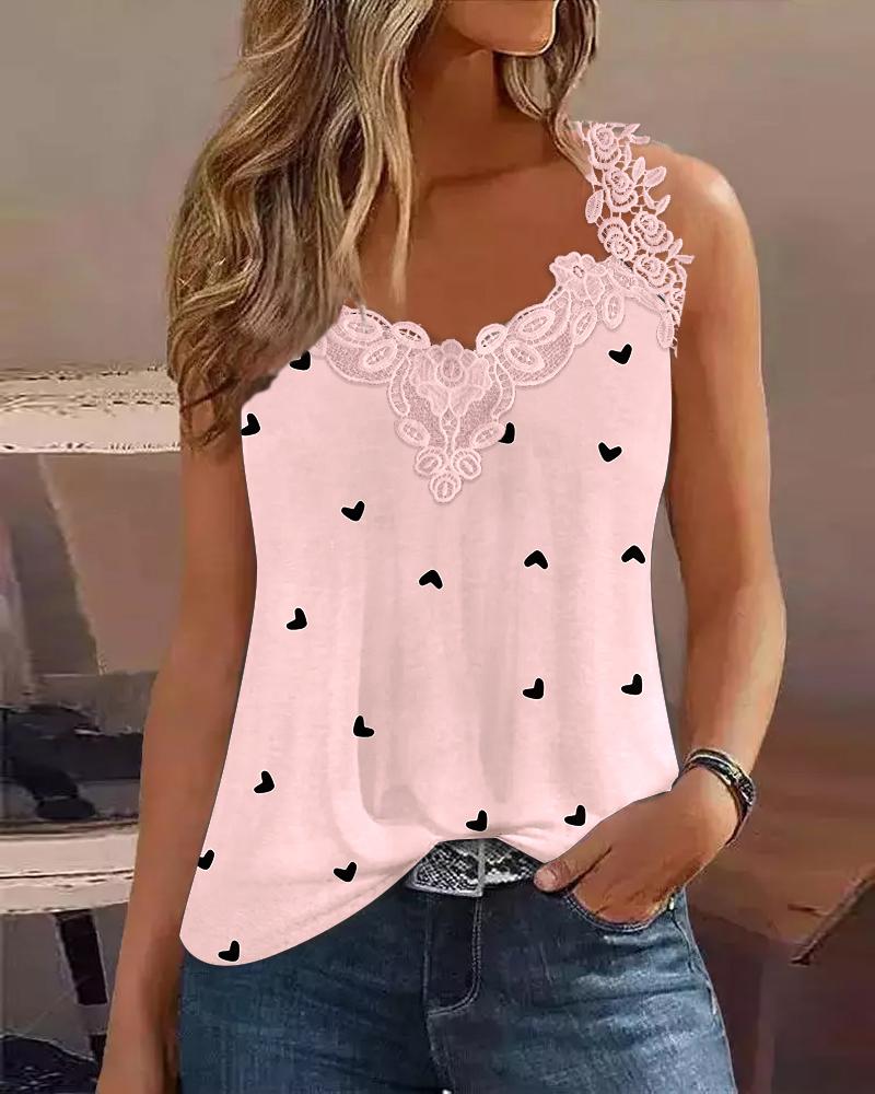 

Heart Print Lace Patch Tank Top, Pink