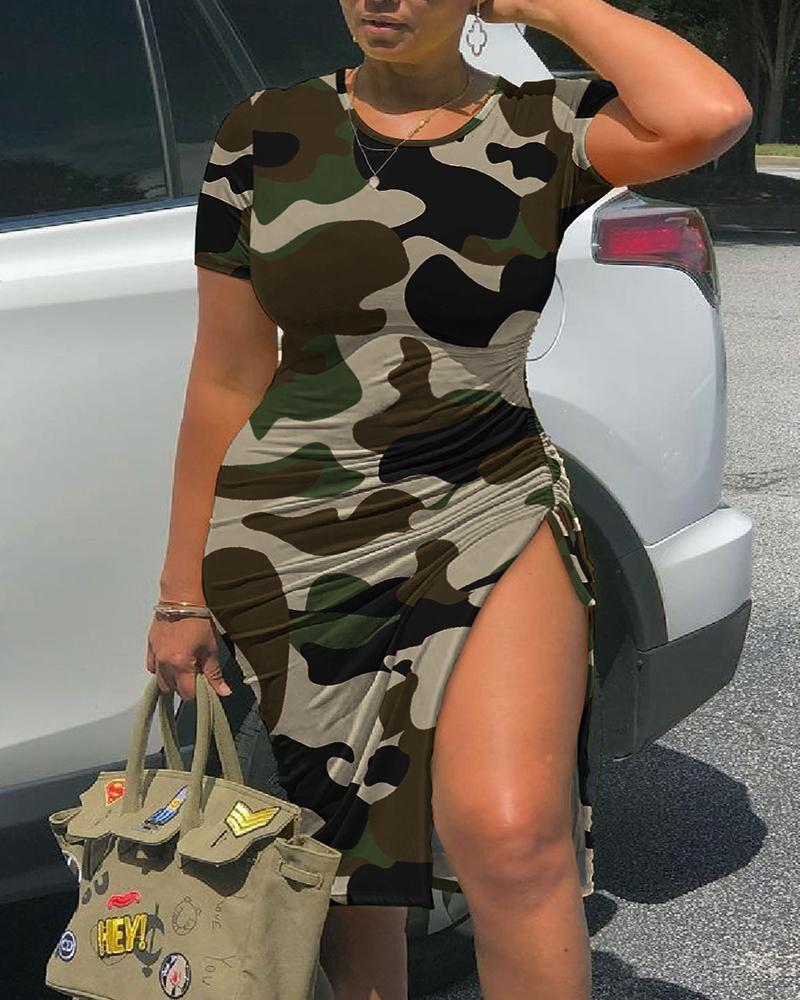 

Plus Size Camouflage Print Drawstring Ruched Slit Dress, Camoflage