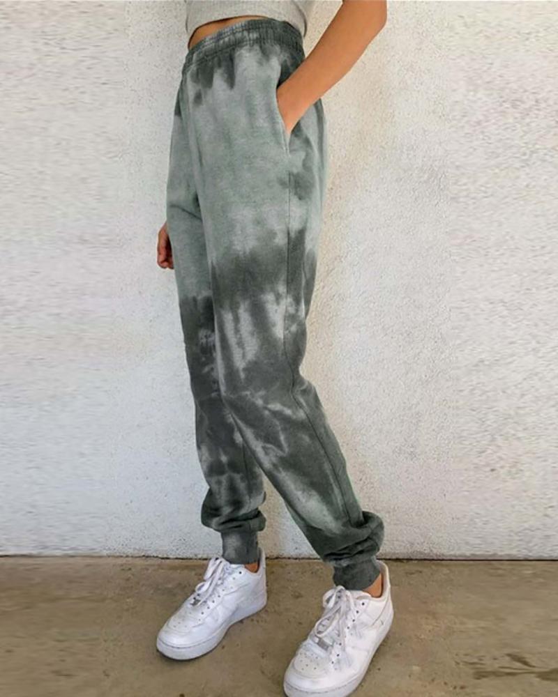 

Tie Dye Print Pocket Design Cuffed Sweatpants, Gray