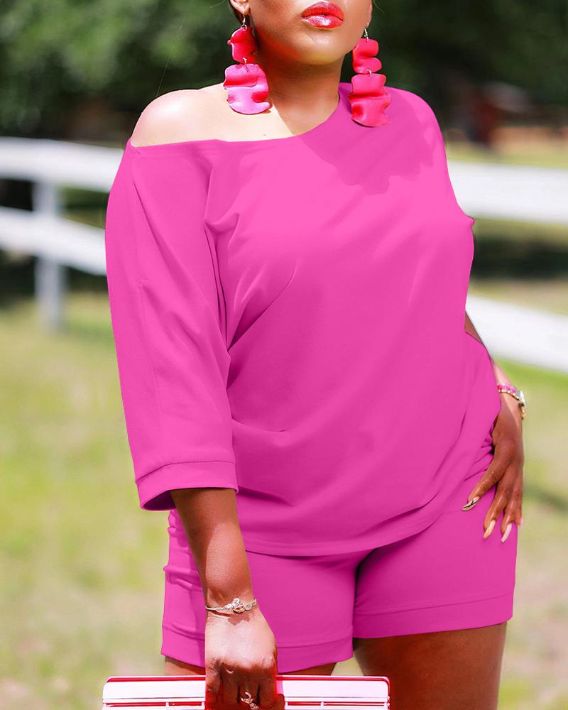 

Plain Casual Top & Shorts Set, Hot pink