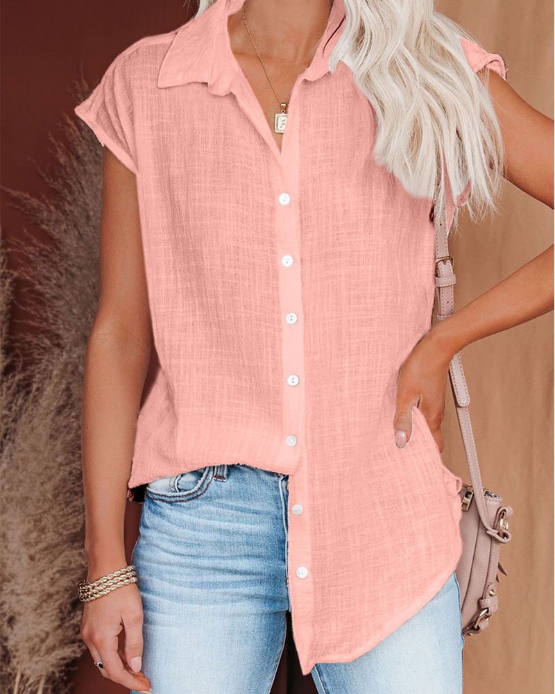

Casual Short Sleeve Button Down Shirt, Pink