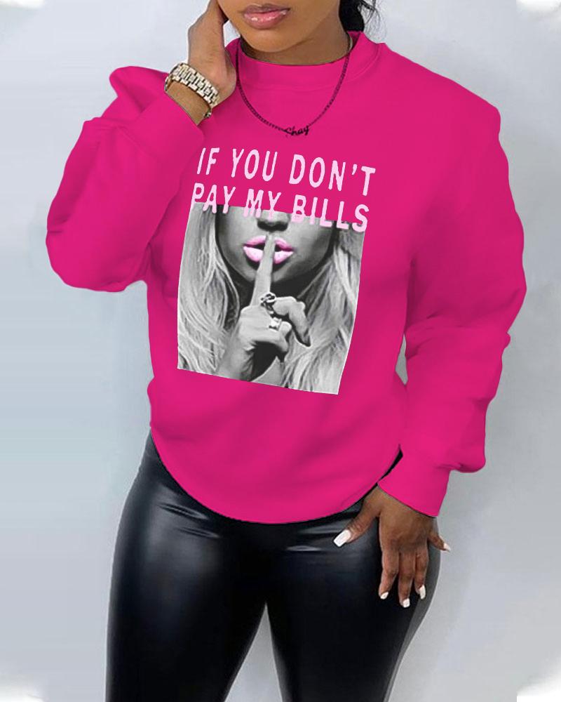 

Plus Size Slogan Print Long Sleeve Sweatshirt, Hot pink