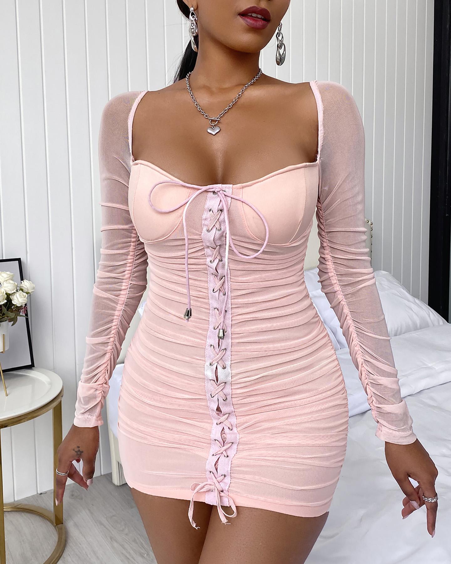 

Eyelet Lace-up Sheer Mesh Ruched Bodycon Dress, Pink