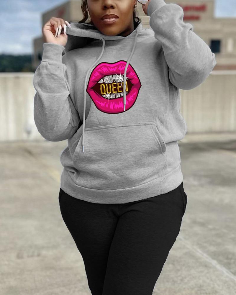 

Plus Size Lip Letter Print Long Sleeve Hoodie, Gray