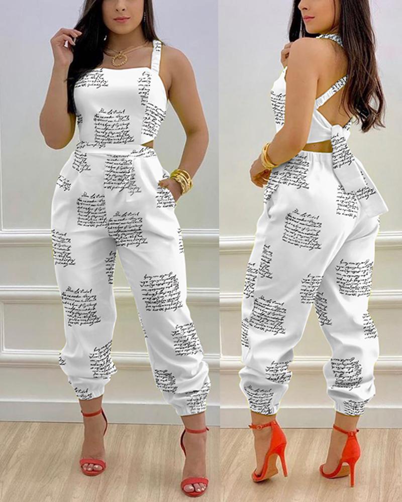 

Letter Print Criss Cross Tied Detail Backless Jumpsuit, White