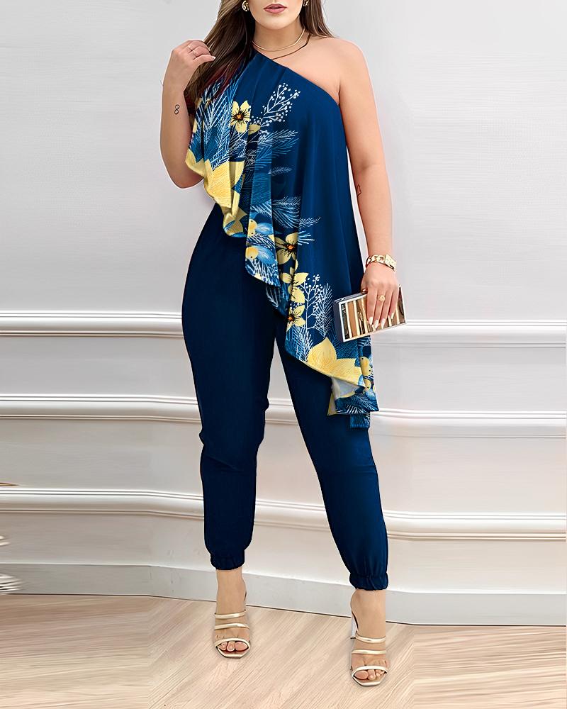 

Tropical Print One Shoulder Asymmetrical Ruffles Cuffed Jumpsuit, Blue