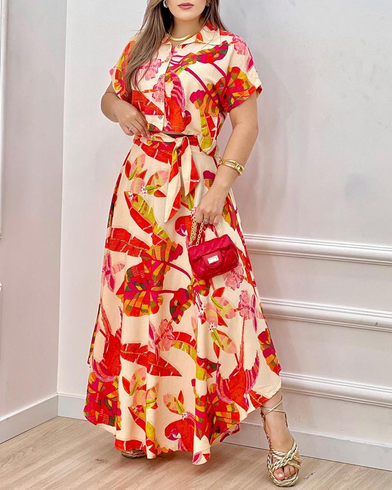 

Tropical Print Buttoned Top & Skirt Set, Red