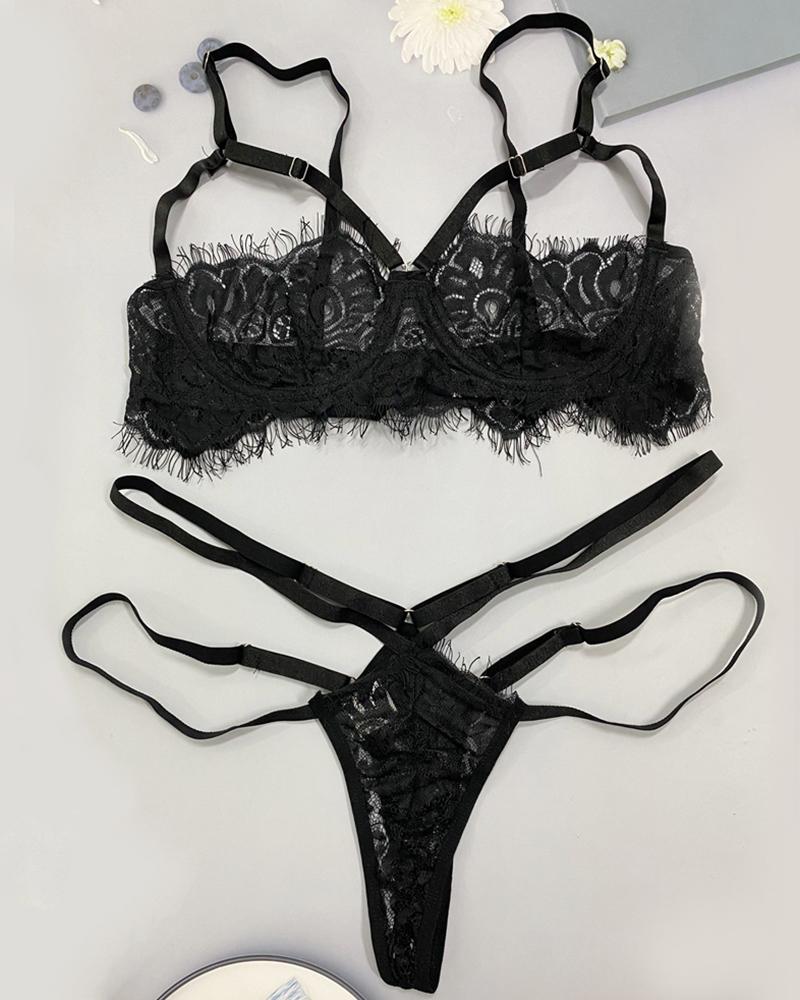 

Sexy Lace Cut-out Sling Bra Sets, Black