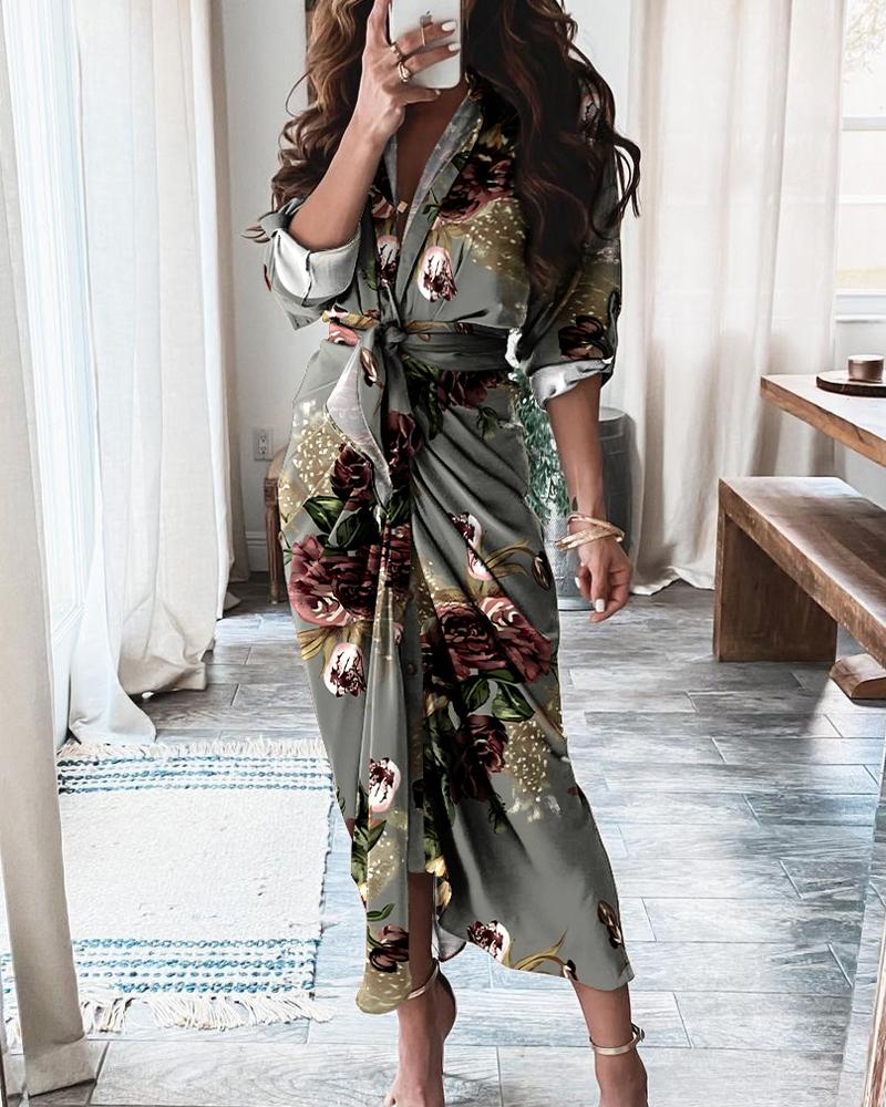 

Floral Print Buttoned Belted Shirt Dress, Multicolor
