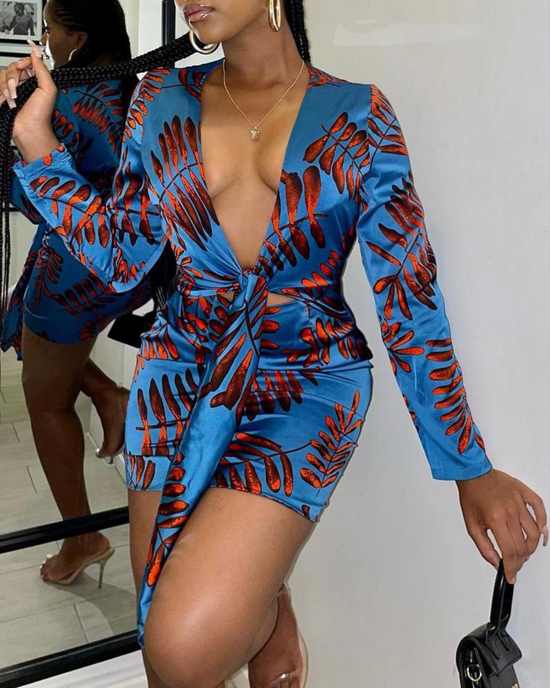 

Allover Print Plunge Tie Front Party Dress, Turquoise blue