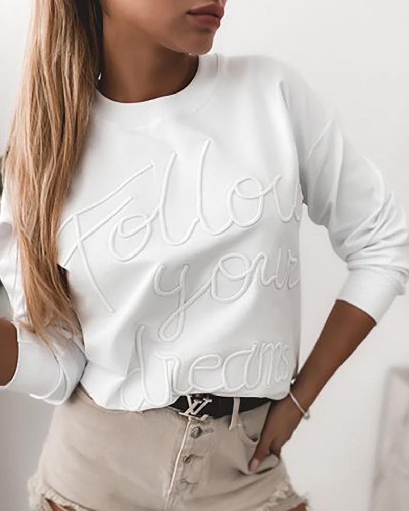 

Letter Pattern Long Sleeve Casual Top, White