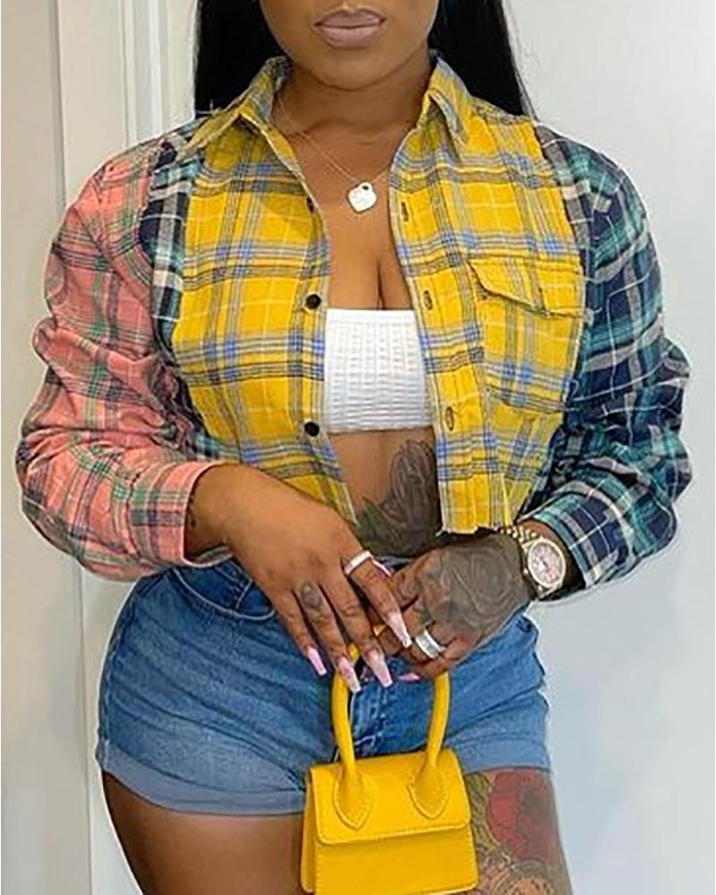 

Plaid Print Colorblock Buttoned Pocket Design Top, Yellow