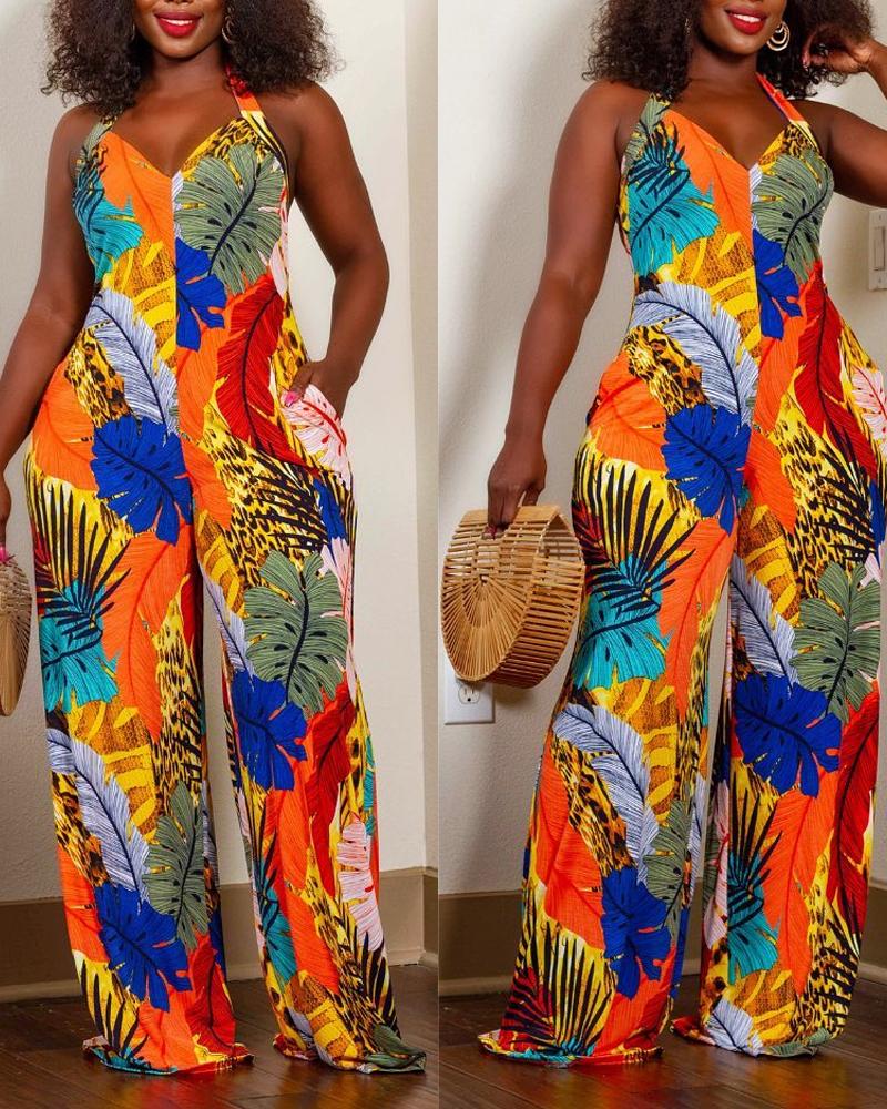 

Tropical Print Halter Backless Wide Leg Jumpsuit, Multicolor