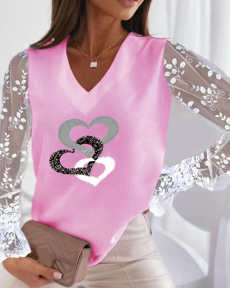 

Heart Print Contrast Lace Long Sleeve Top, Pink