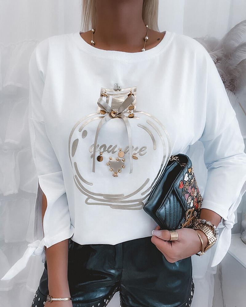 

Heart Letter Print Beaded Bow Decor Split Sleeve Knot Cuff Top, White