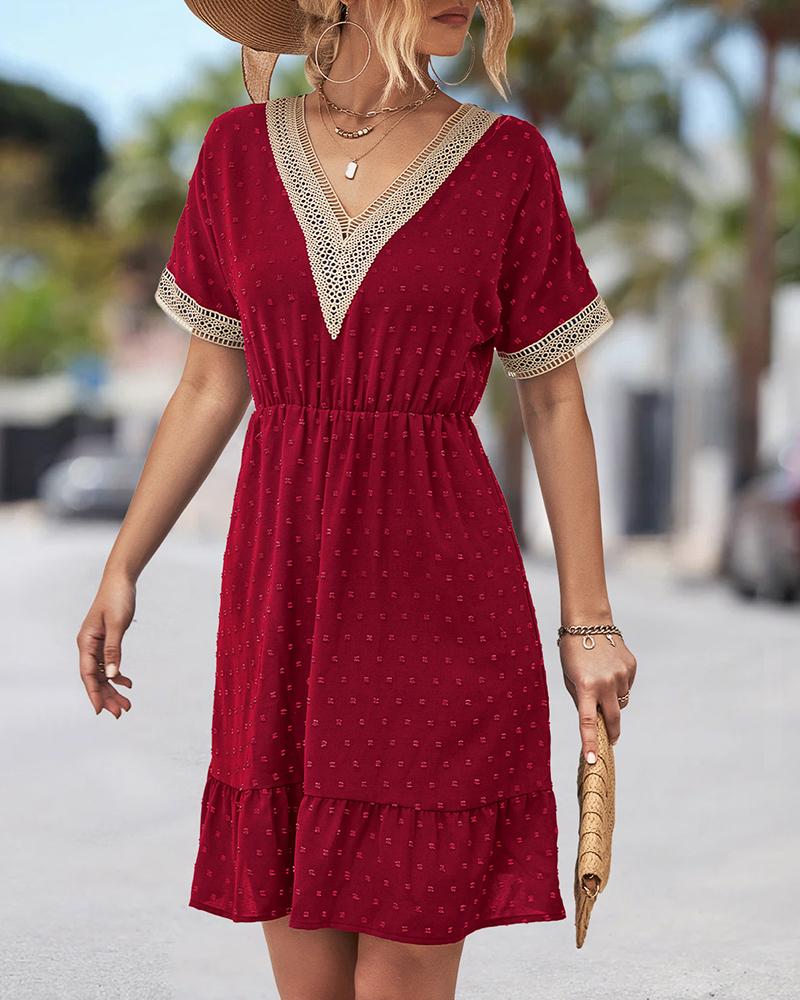 

Swiss Dot Print Lace Patch Ruffle Hem Midi Dress, Wine red