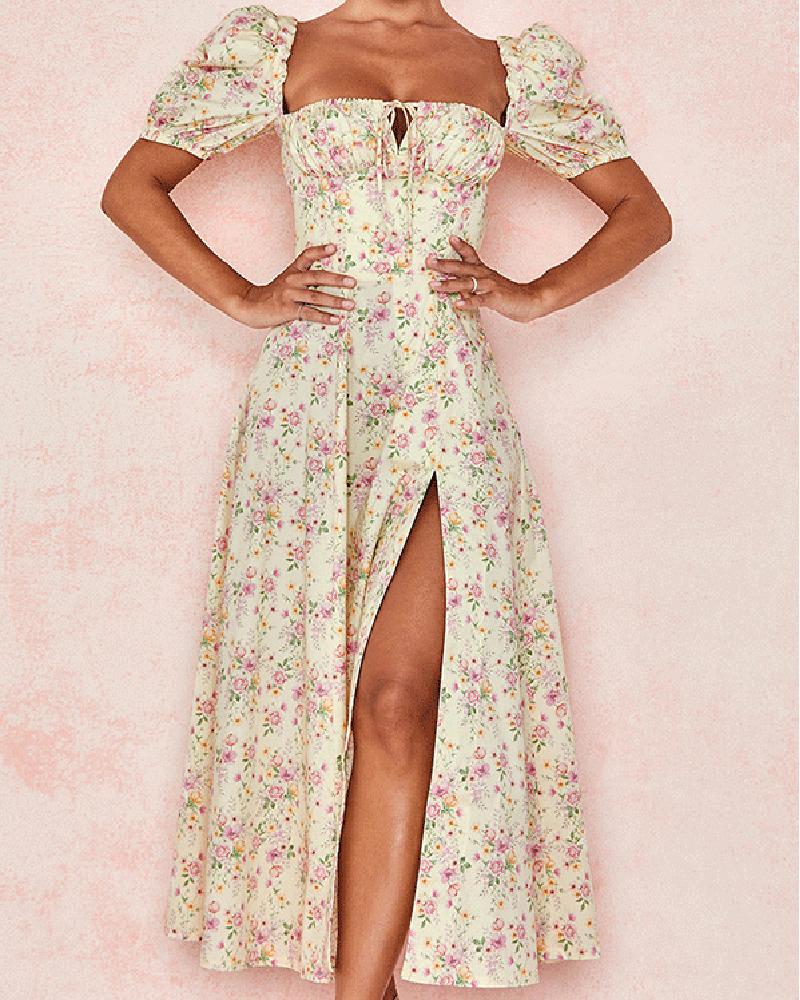 

Floral Print High Slit Drawstring Puff Sleeve Dress, Style1