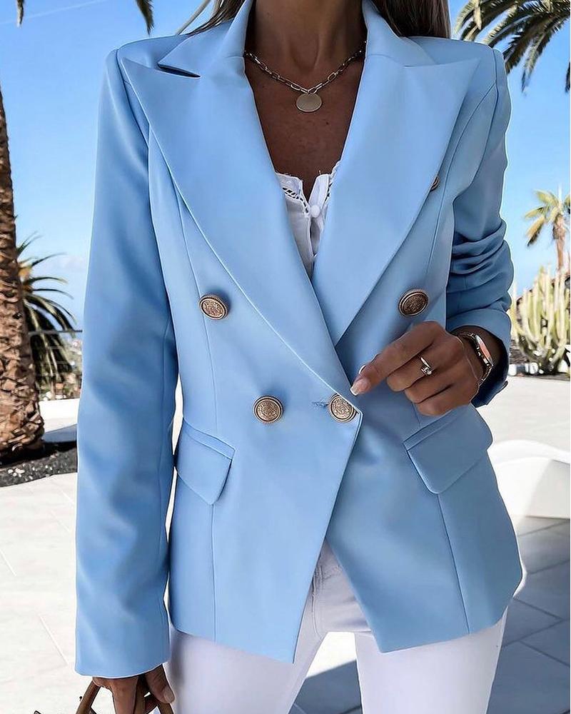 

Button Design Long Sleeve Blazer Coat, Sky blue