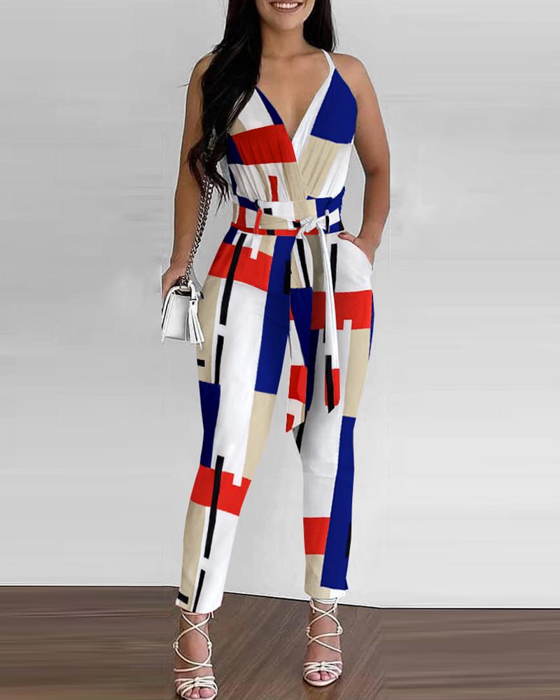 

Colorblock Ruched Sleeveless Top & Pocket Design Pants Set, Multicolor