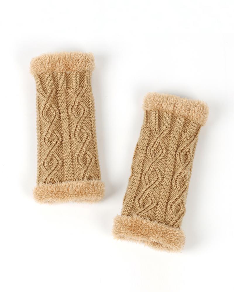 

1Pair Warm Fleece Lined Knit Fingerless Gloves, Khaki