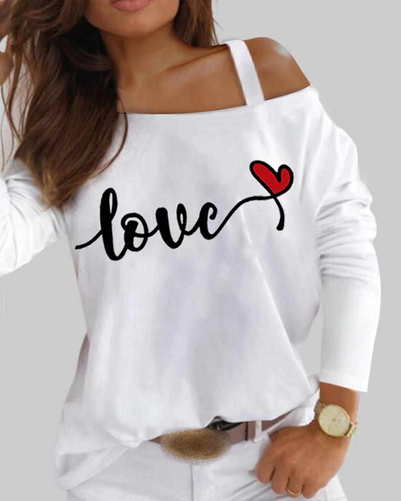 

Cold Shoulder Letter Heart Print Top, White