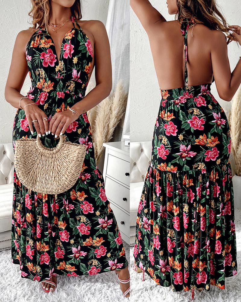 

Tropical Print Halter Backless Maxi Dress, Black