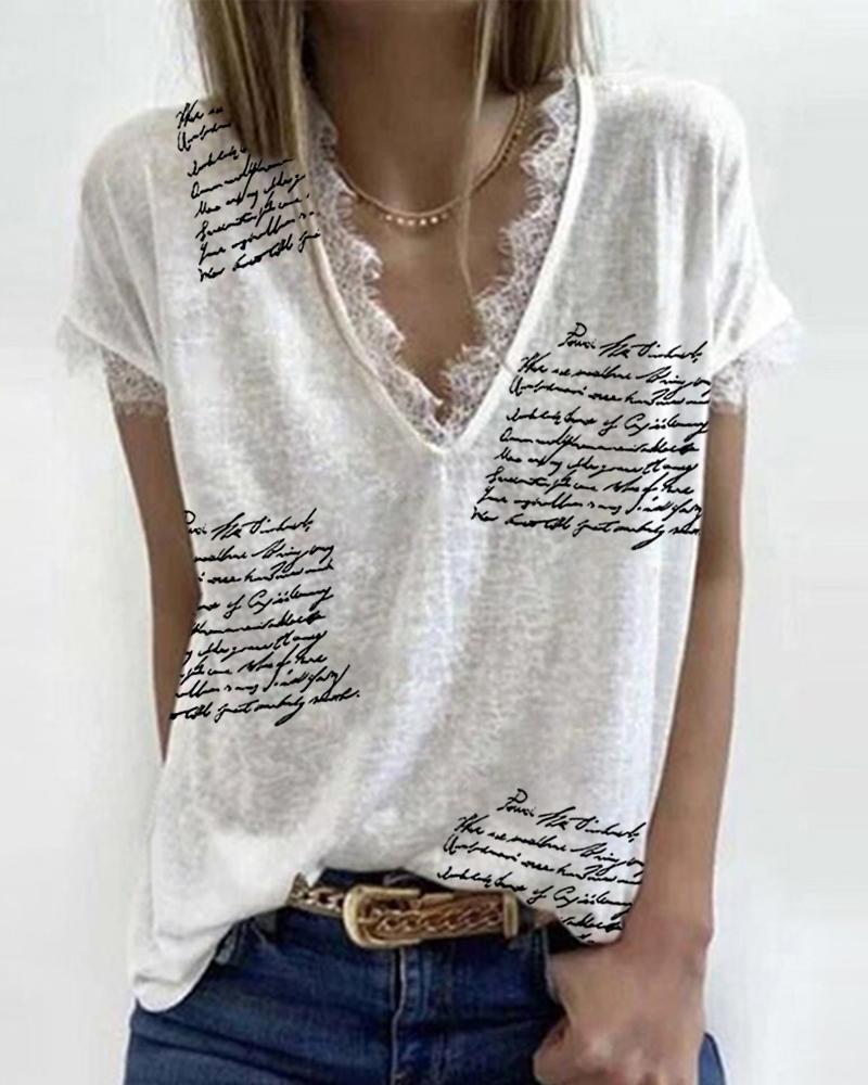 

Eyelash Lace Trim Letter Print Short Sleeve Top, White
