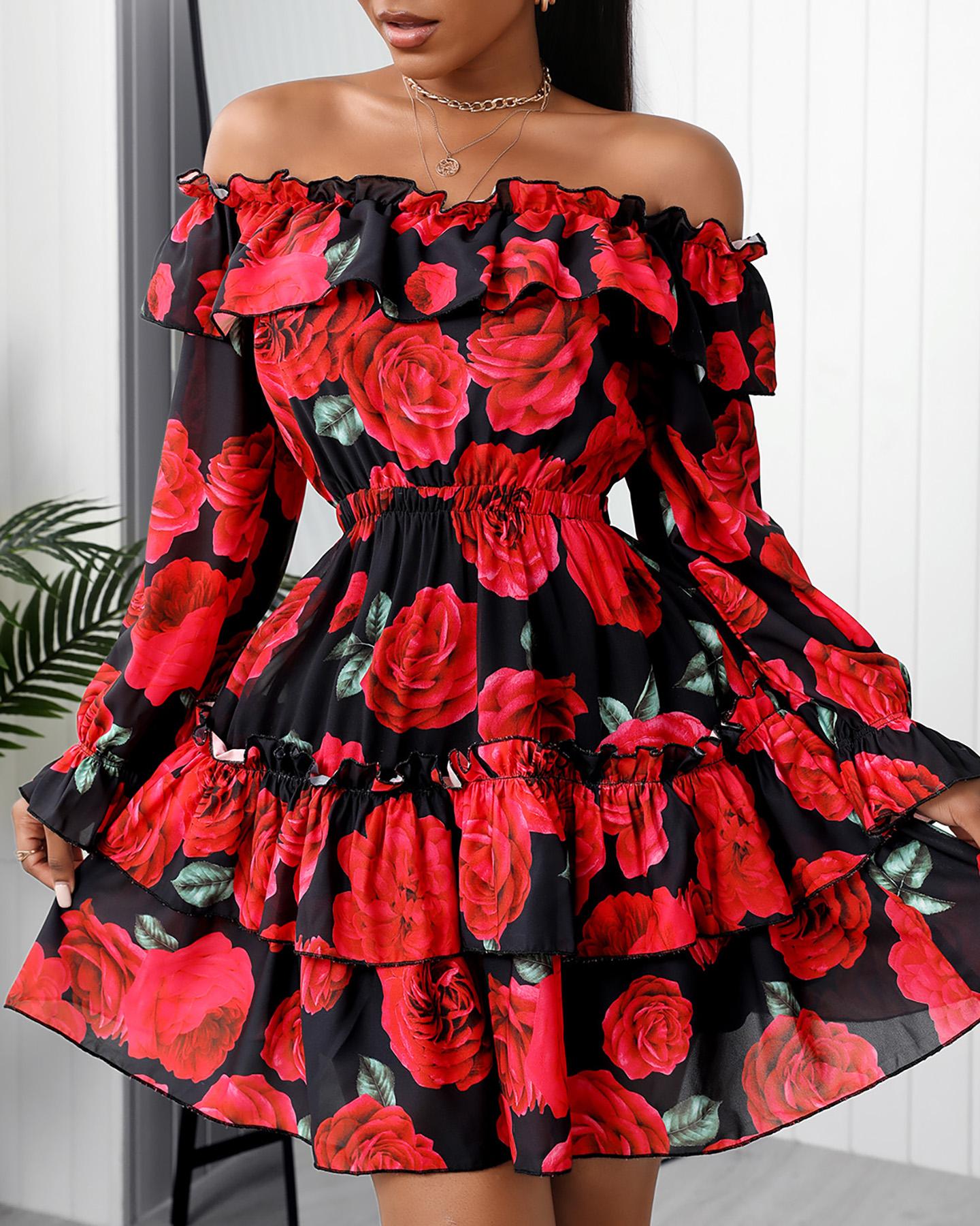 

Off Shoulder Floral Print Ruffles Chiffon Dress, Red