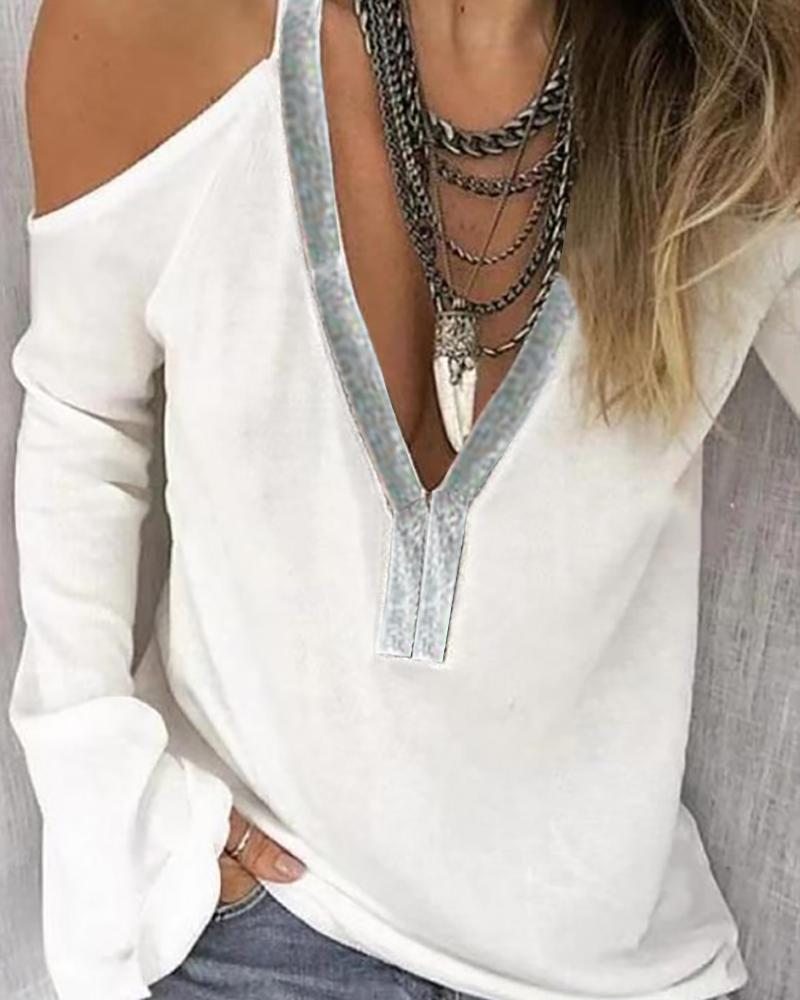 

Cold Shoulder Sequins Patch Long Sleeve Blouse, White