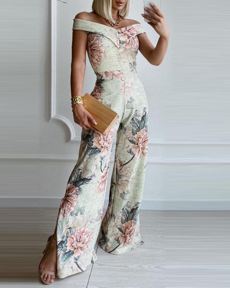 

Off Shoulder Floral Print Slit Wide Leg Jumpsuit, Pink