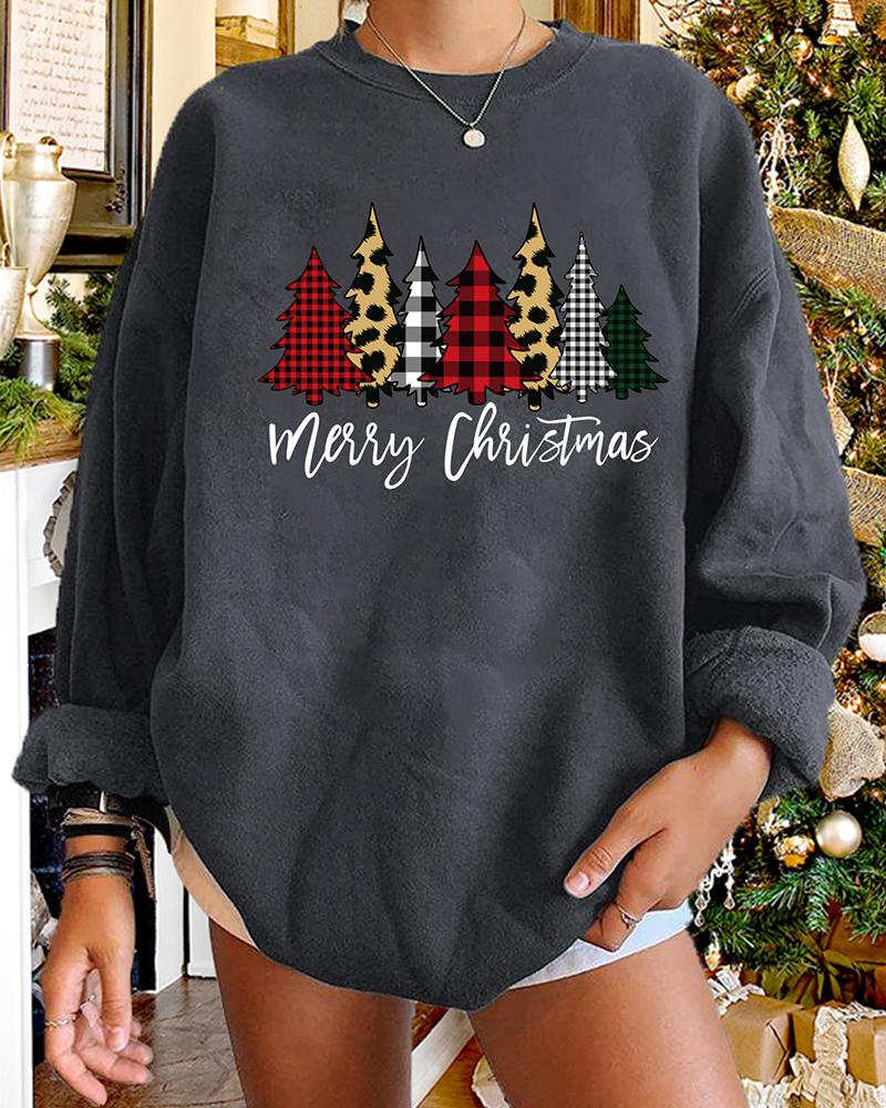 

Christmas Letter Tree Cheetah Plaid Print Long Sleeve Sweatshirt, Gray