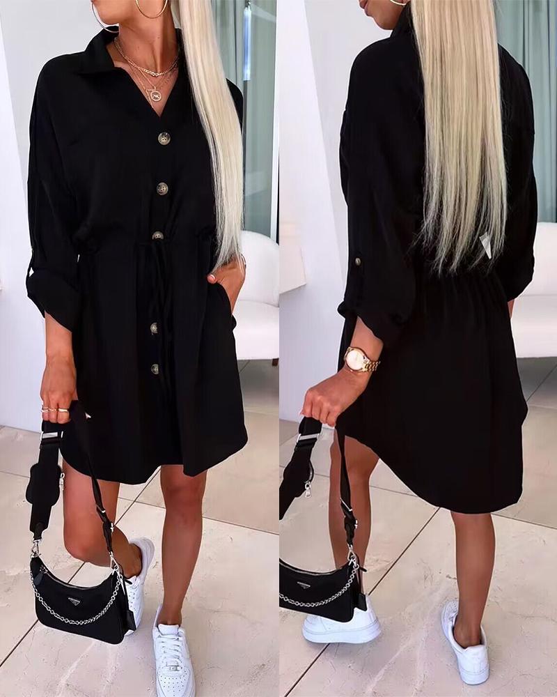 

Roll Up Sleeve Buttoned Shirt Dress, Black