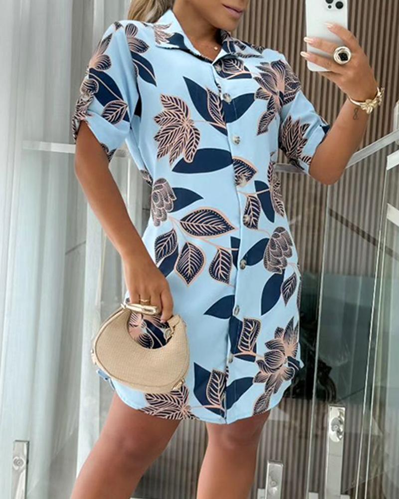 

Plants Print Shirred Short Sleeve Shirt Dress, Lighted blue