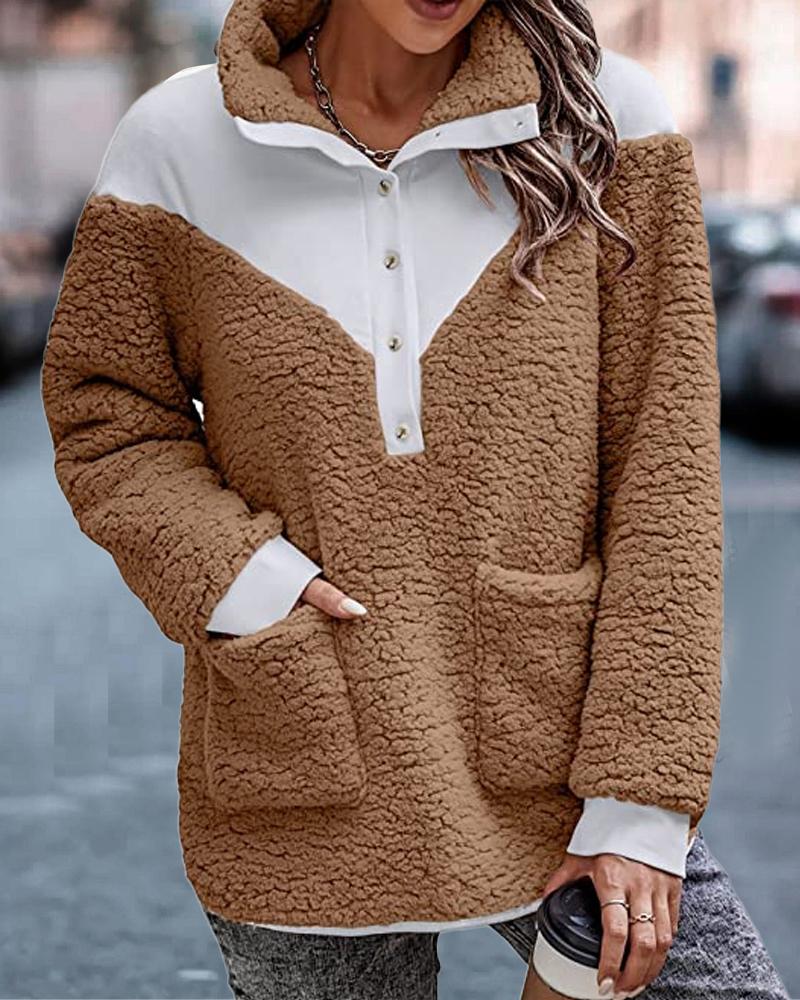 

Contrast Paneled Pocket Design Long Sleeve Teddy Coat, Khaki